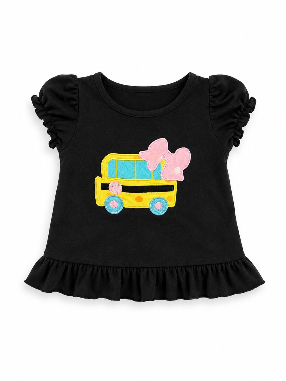 Amazon Kids Matching Set Black Top with Yellow Bus and Pink Bow Applique